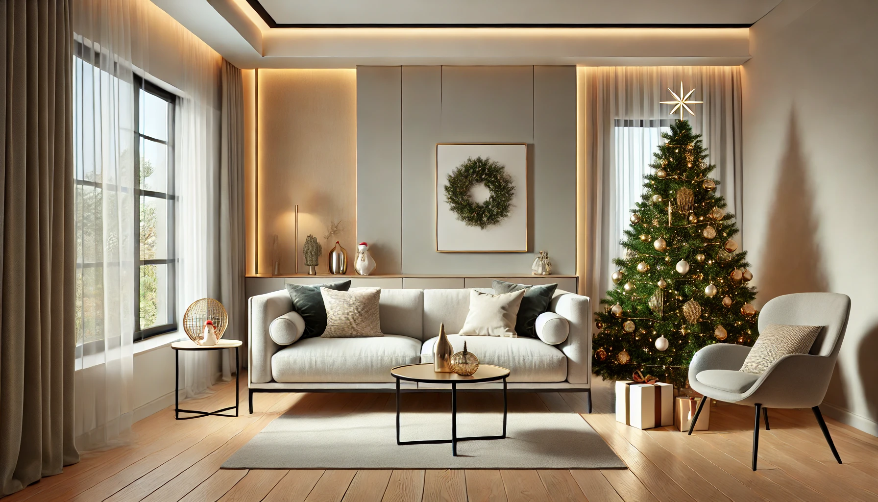 DALLE 2024-11-13 10.16.27 - A modern, stylish living room decorated for Christmas. The room should feature minimalist furniture with clean lines, such as a sleek sofa and coffee